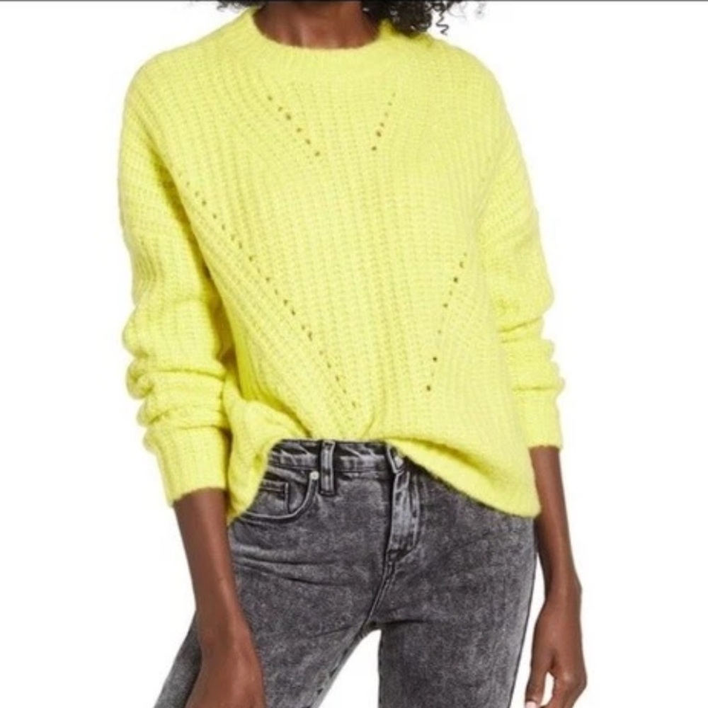 COTTON EMPORIUM Highlighter Yellow Cozy Crewneck Loose Knit Sweater EUC Medium